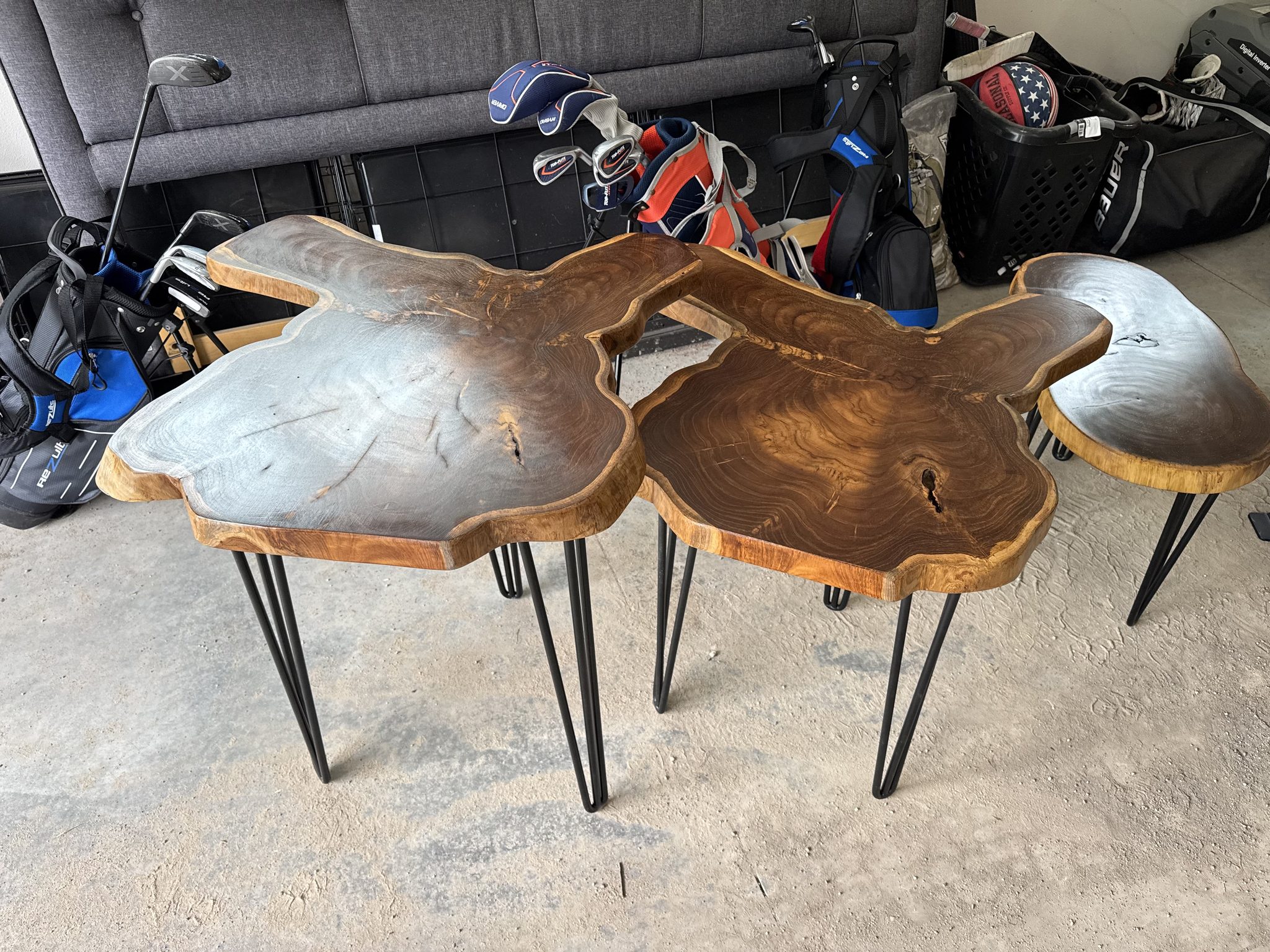 Epoxy river tables with hairpin legs in the workshop
