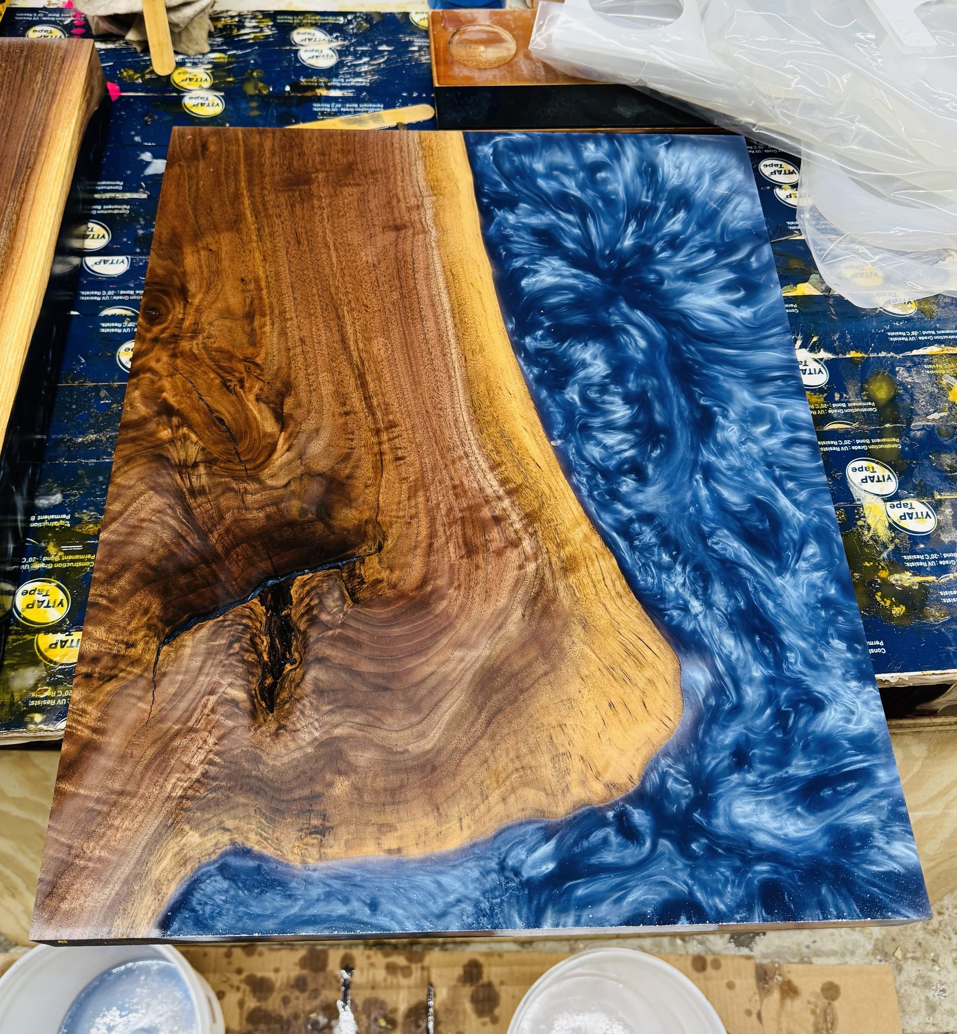 Blue epoxy river table