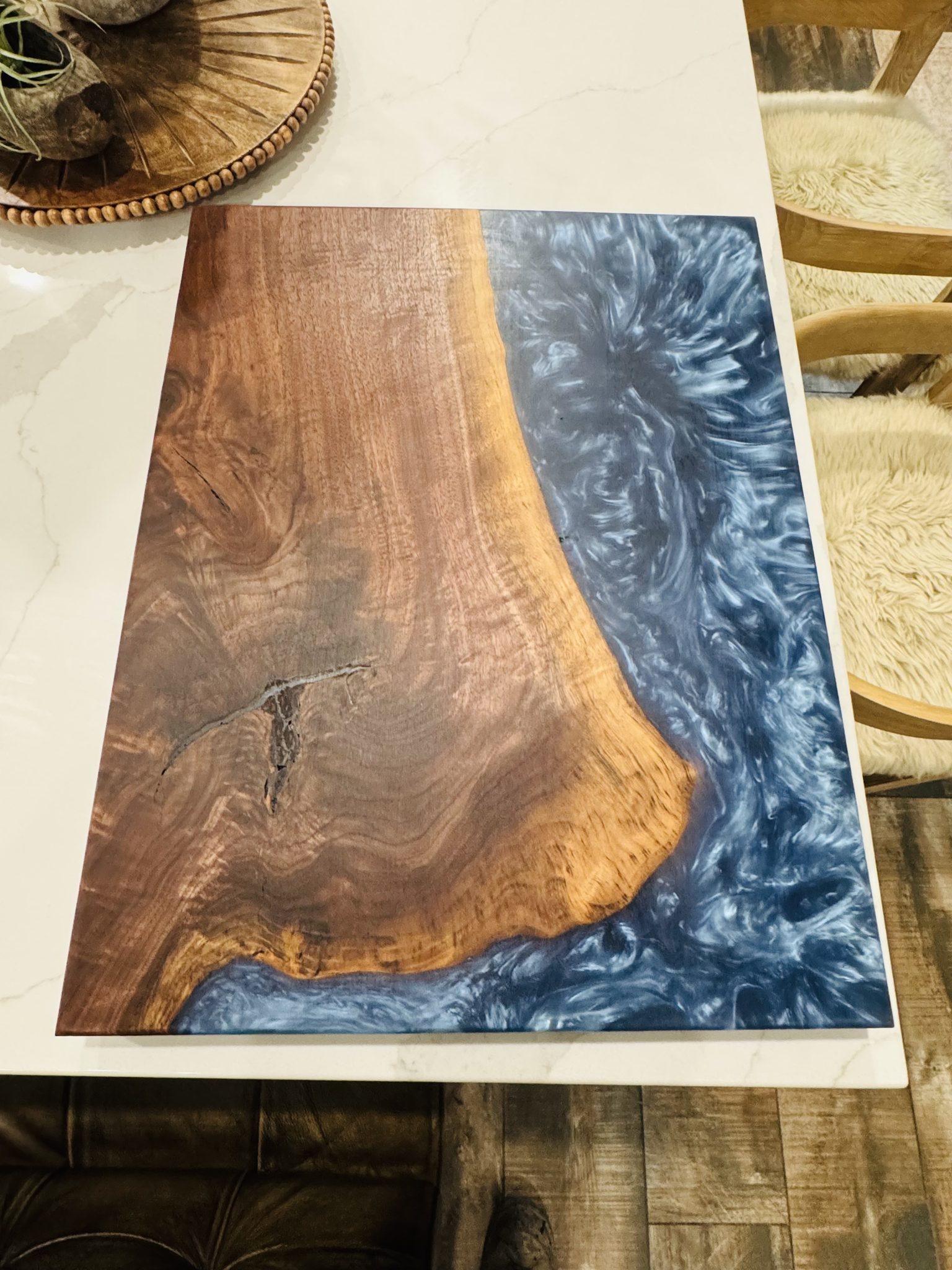 Live edge slab with copper epoxy river