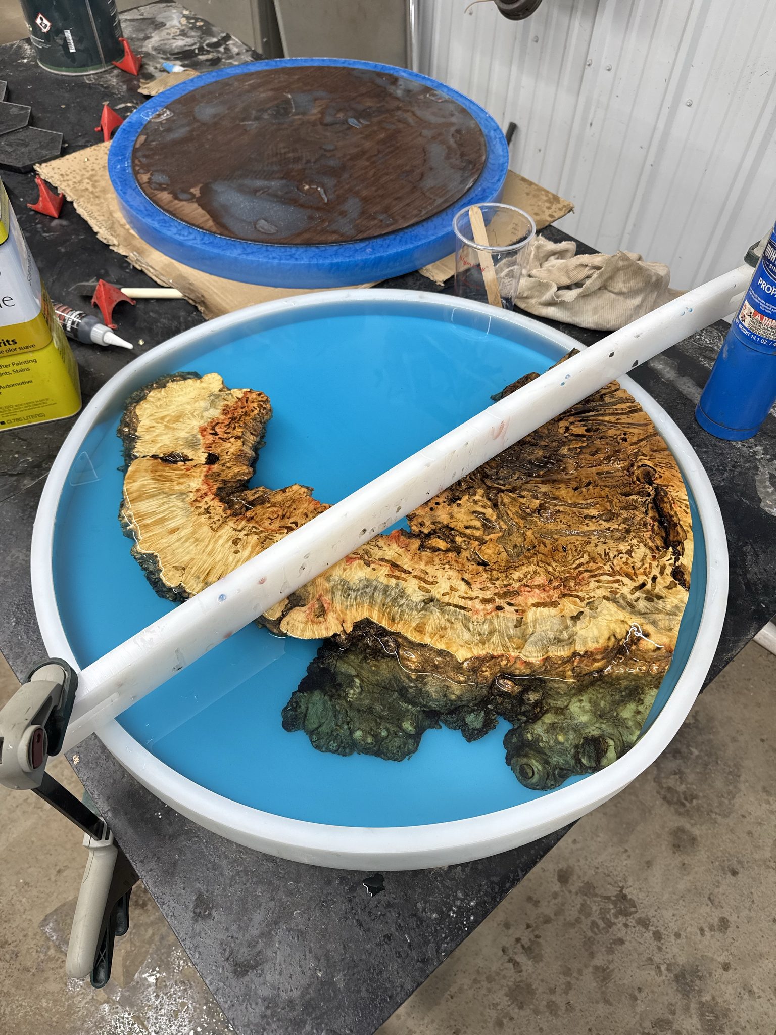 Epoxy resin pours in progress