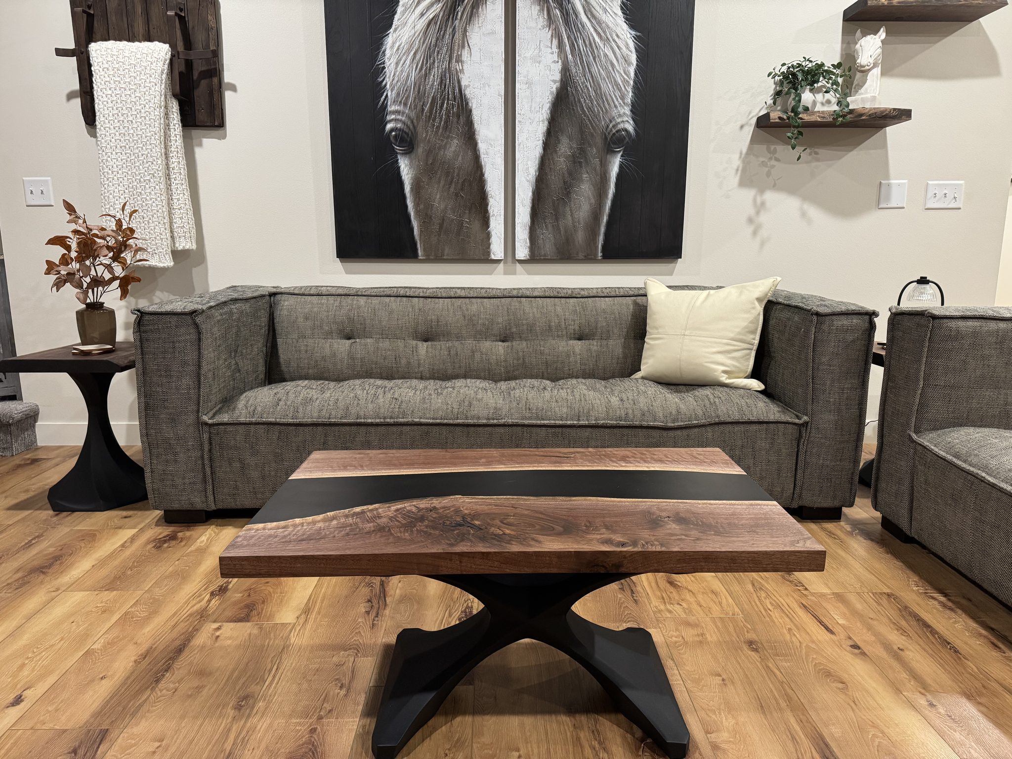 Walnut epoxy coffee table in modern living room